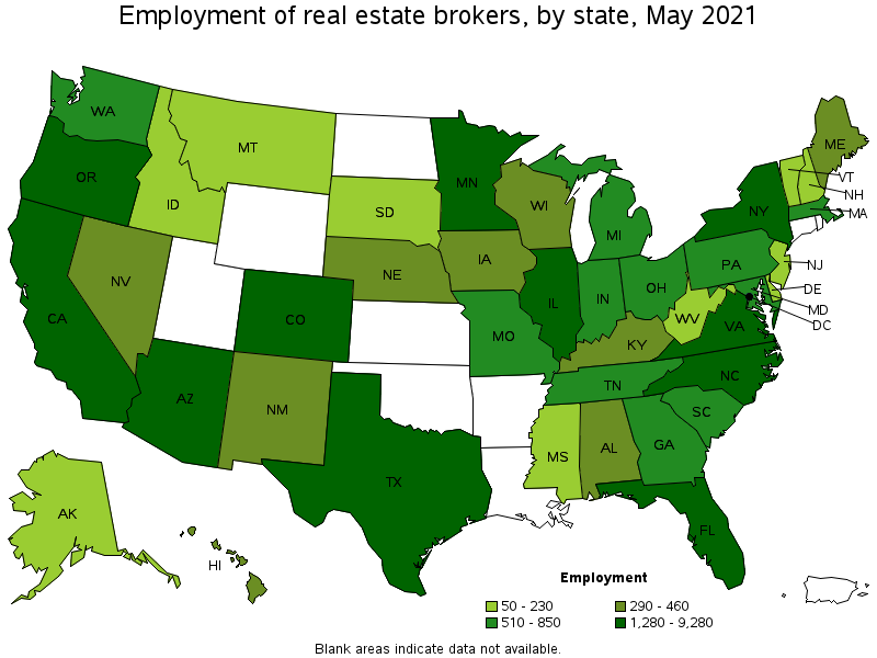 Map of employment of real estate brokers by state, May 2021