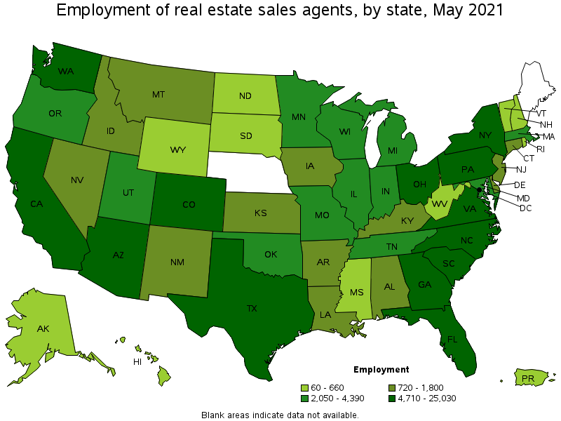 Map of employment of real estate sales agents by state, May 2021