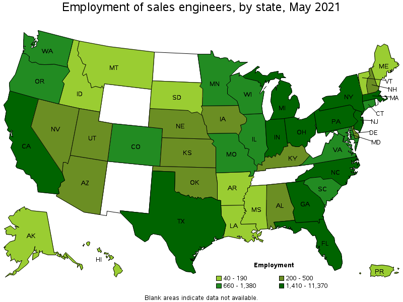 Map of employment of sales engineers by state, May 2021