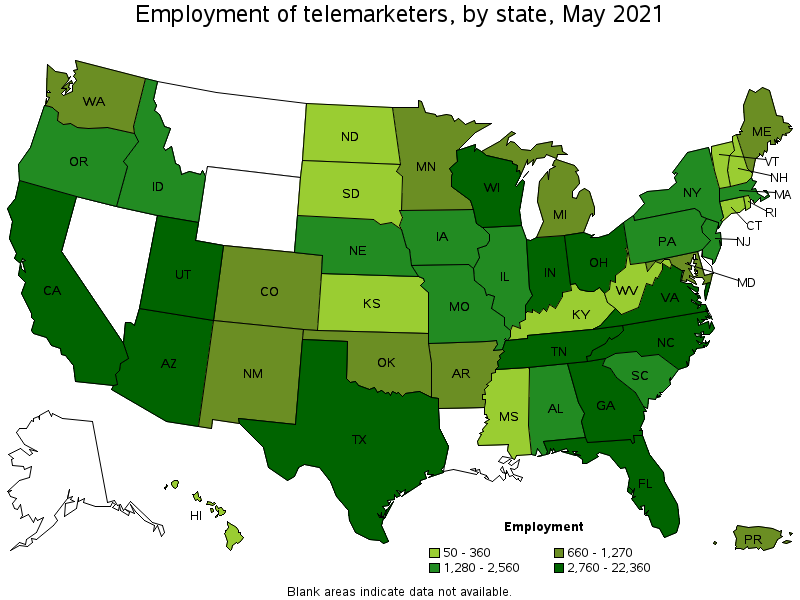 Map of employment of telemarketers by state, May 2021