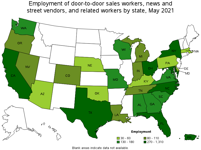 Map of employment of door-to-door sales workers, news and street vendors, and related workers by state, May 2021