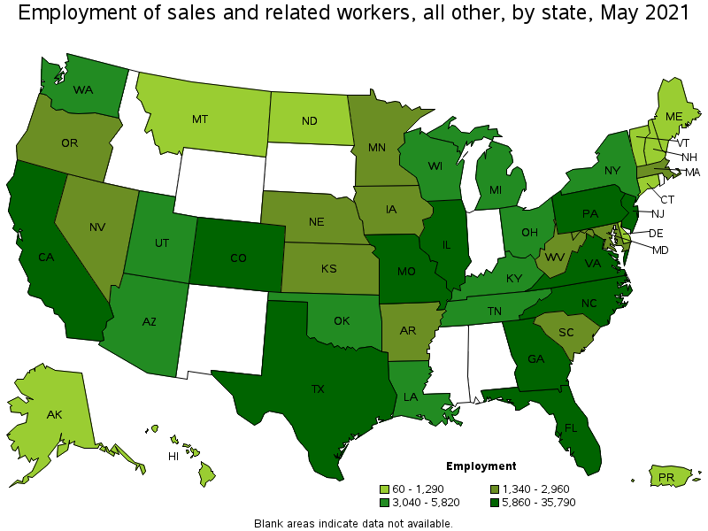 Map of employment of sales and related workers, all other by state, May 2021