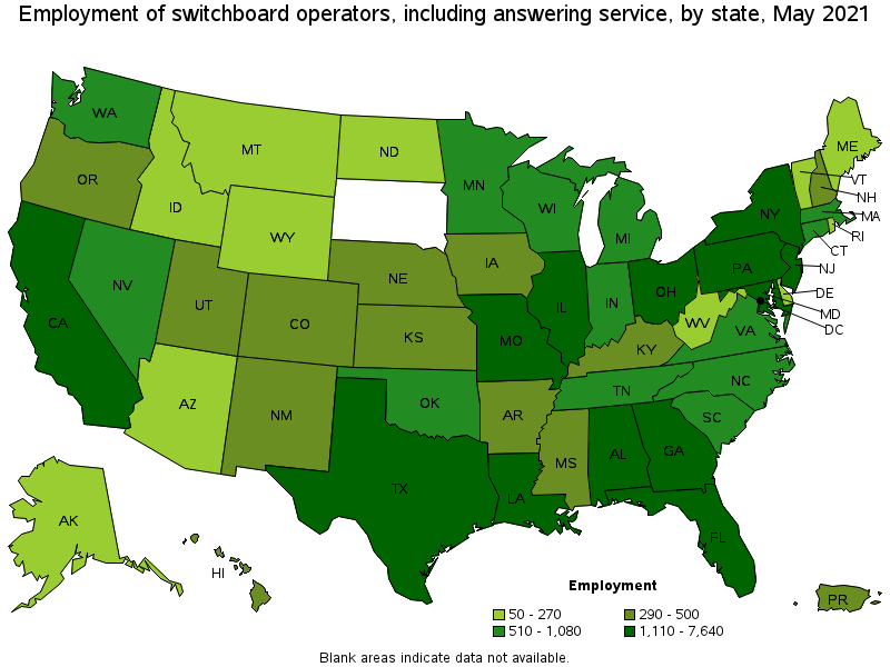 Map of employment of switchboard operators, including answering service by state, May 2021