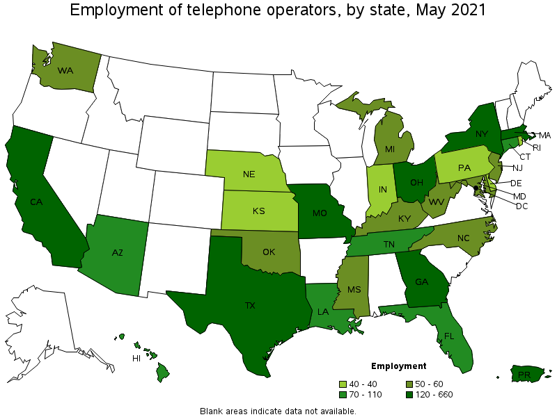 Map of employment of telephone operators by state, May 2021