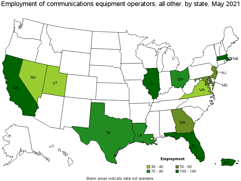 Map of employment of communications equipment operators, all other by state, May 2021