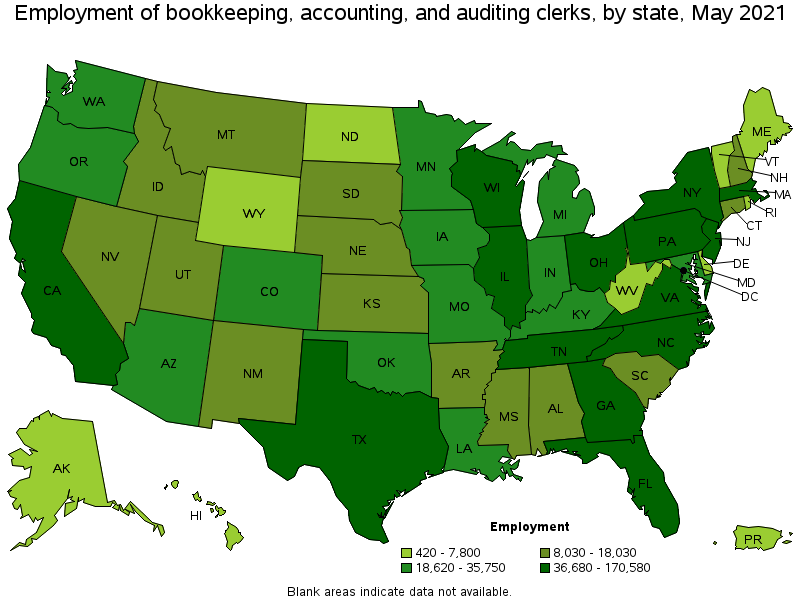 Map of employment of bookkeeping, accounting, and auditing clerks by state, May 2021