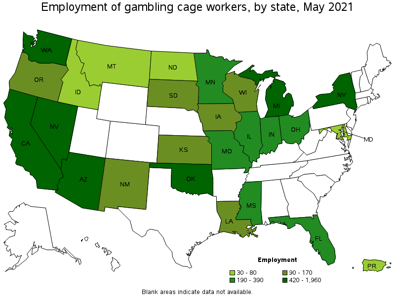 Map of employment of gambling cage workers by state, May 2021