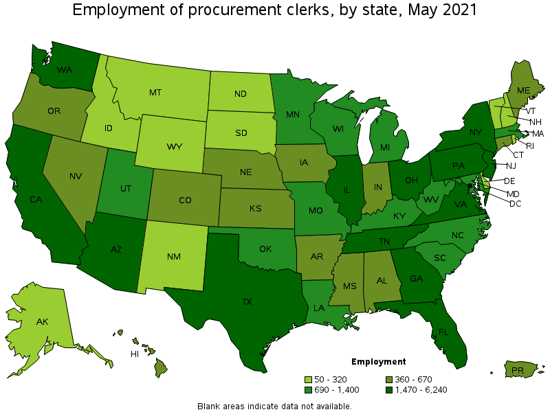 Map of employment of procurement clerks by state, May 2021