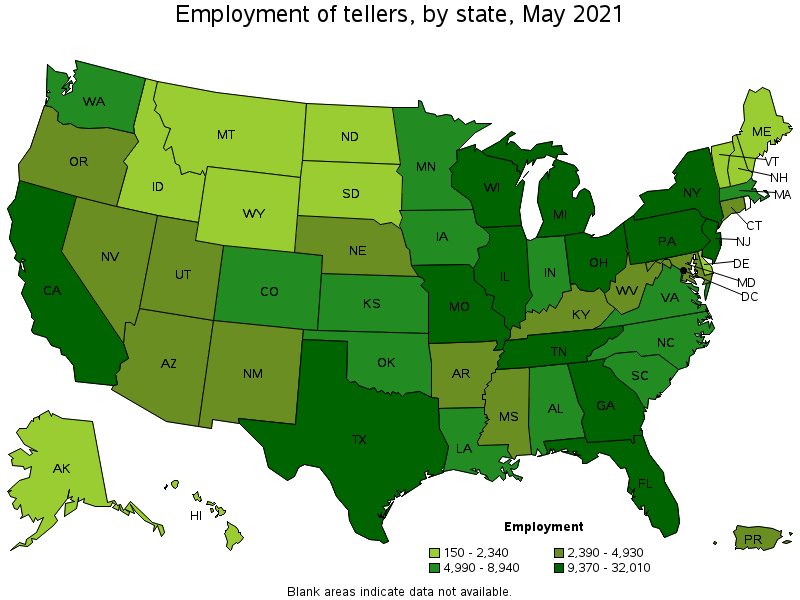 Map of employment of tellers by state, May 2021