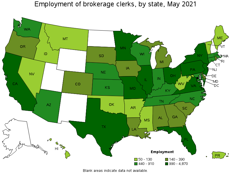 Map of employment of brokerage clerks by state, May 2021