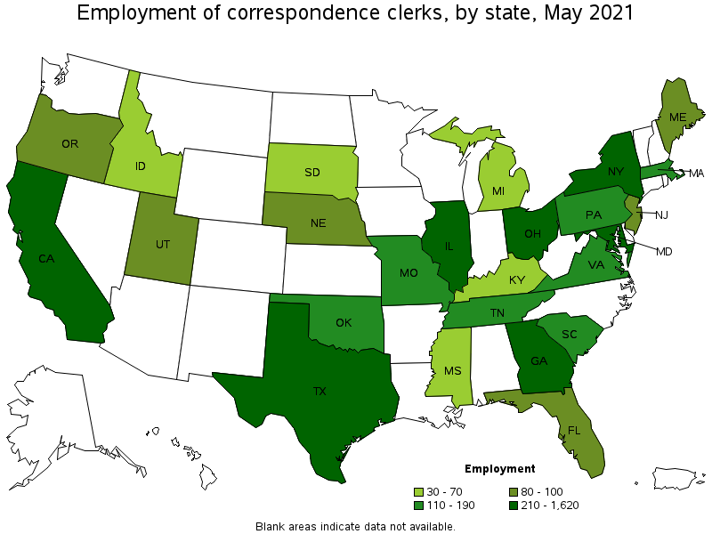 Map of employment of correspondence clerks by state, May 2021