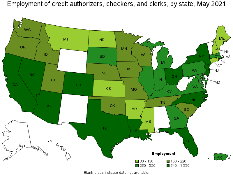 Map of employment of credit authorizers, checkers, and clerks by state, May 2021