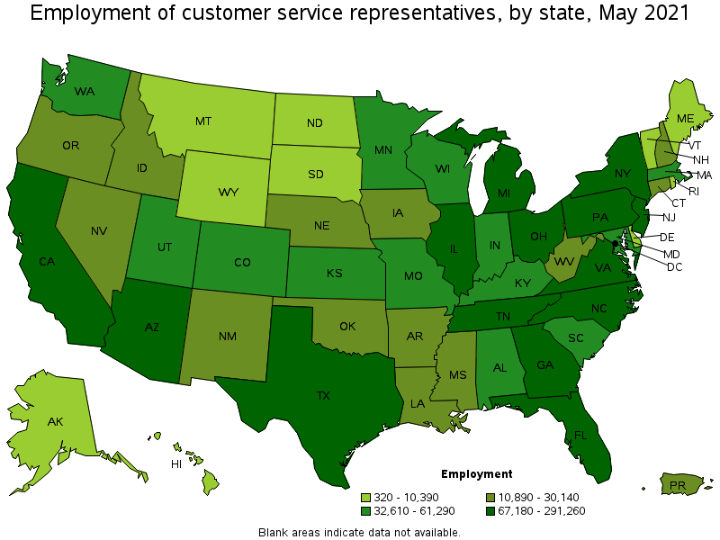 Map of employment of customer service representatives by state, May 2021