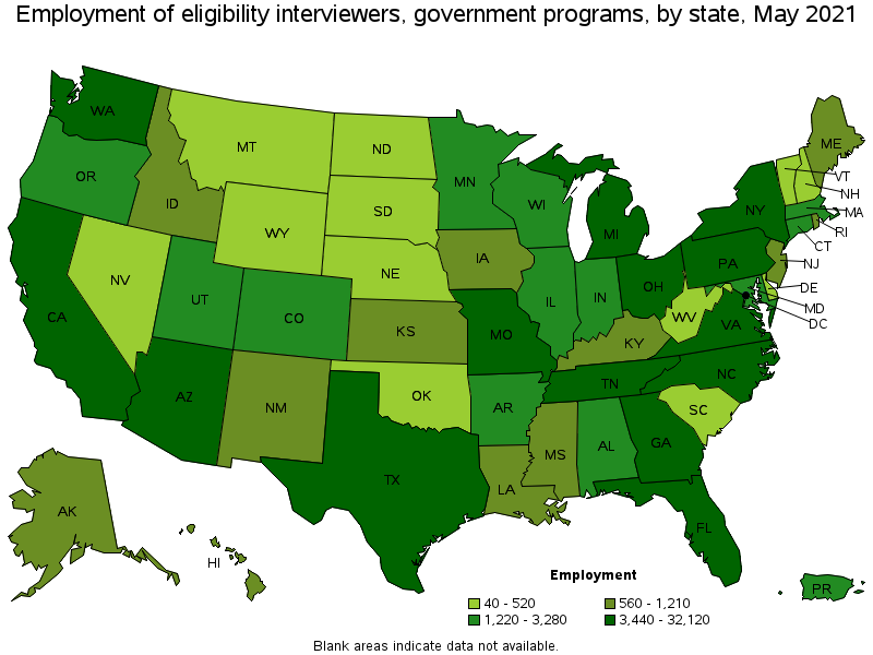 Map of employment of eligibility interviewers, government programs by state, May 2021