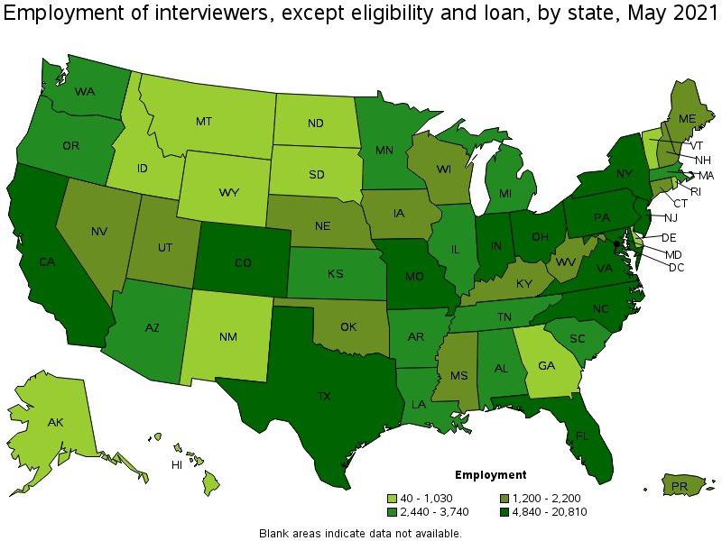 Map of employment of interviewers, except eligibility and loan by state, May 2021