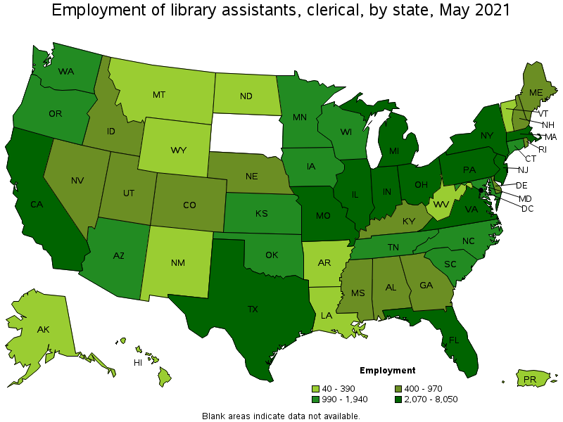 Map of employment of library assistants, clerical by state, May 2021