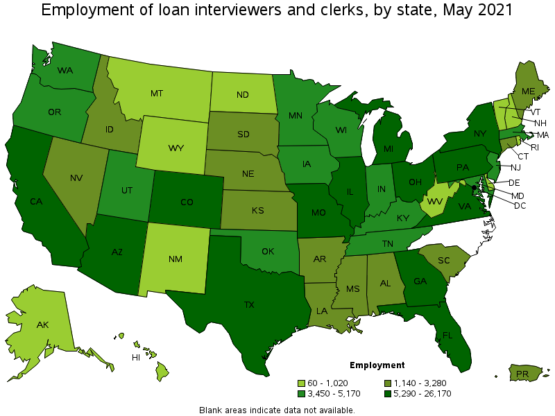 Map of employment of loan interviewers and clerks by state, May 2021