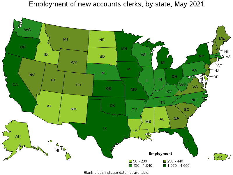 Map of employment of new accounts clerks by state, May 2021