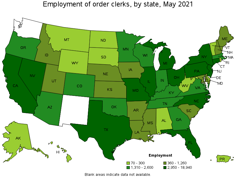 Map of employment of order clerks by state, May 2021