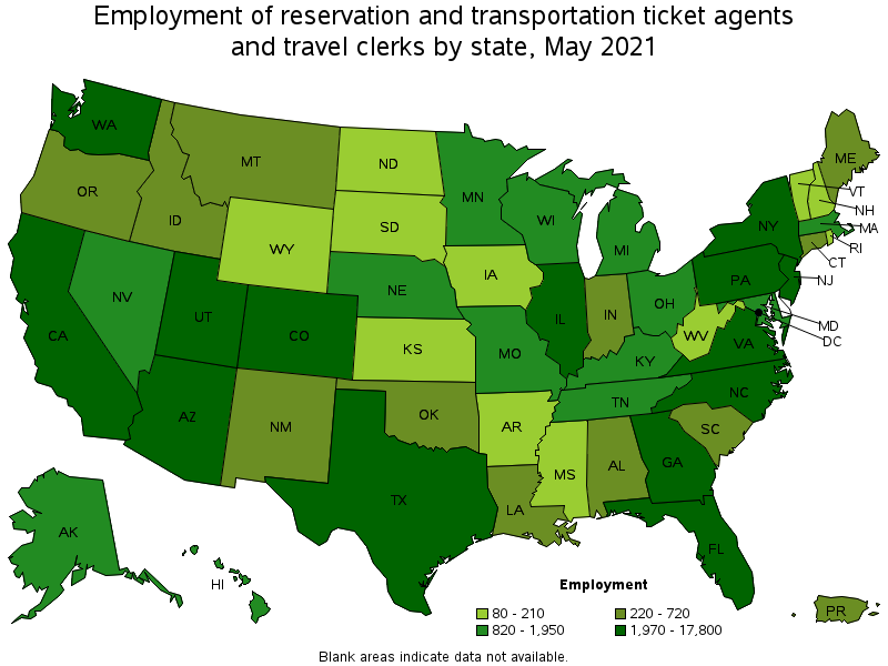 Map of employment of reservation and transportation ticket agents and travel clerks by state, May 2021