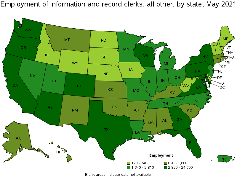 Map of employment of information and record clerks, all other by state, May 2021