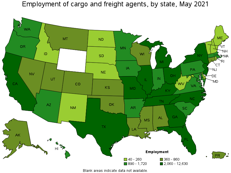 Map of employment of cargo and freight agents by state, May 2021