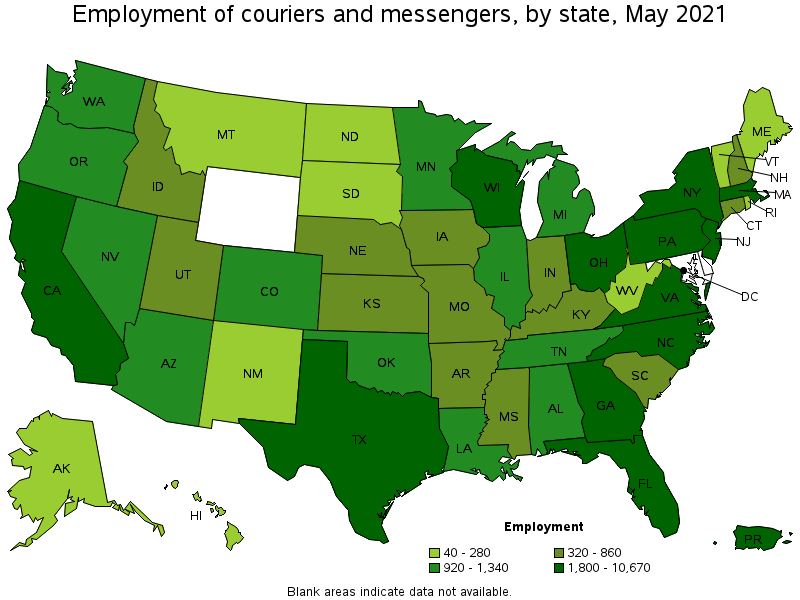 Map of employment of couriers and messengers by state, May 2021