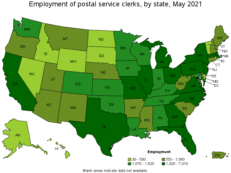 Map of employment of postal service clerks by state, May 2021