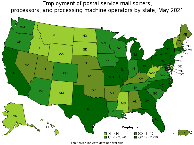 Map of employment of postal service mail sorters, processors, and processing machine operators by state, May 2021