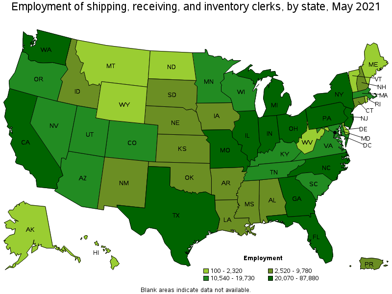 Map of employment of shipping, receiving, and inventory clerks by state, May 2021