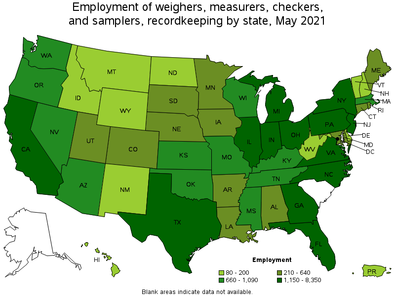 Map of employment of weighers, measurers, checkers, and samplers, recordkeeping by state, May 2021