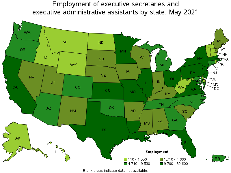 Map of employment of executive secretaries and executive administrative assistants by state, May 2021
