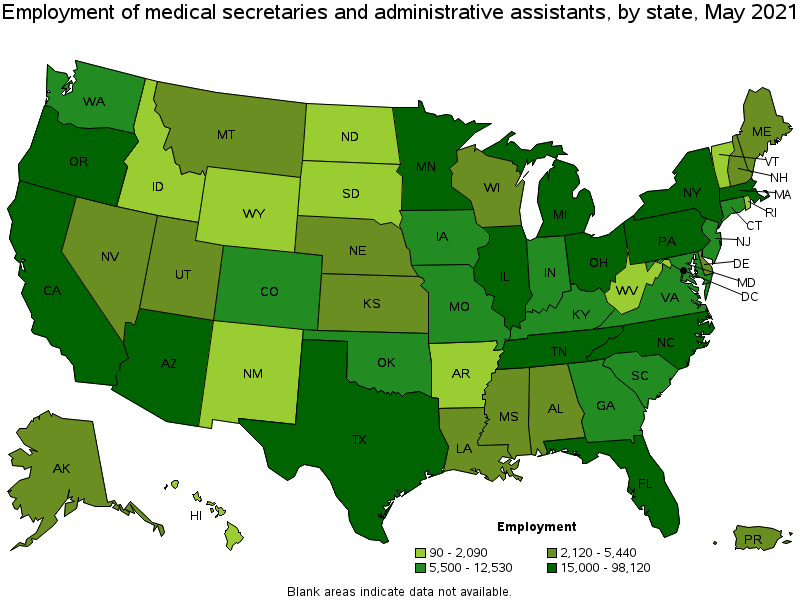 Map of employment of medical secretaries and administrative assistants by state, May 2021
