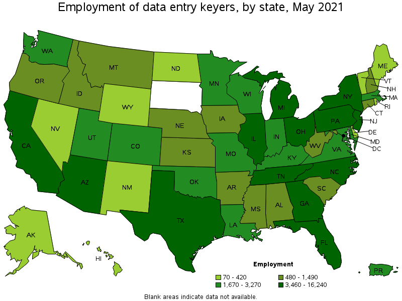 Map of employment of data entry keyers by state, May 2021