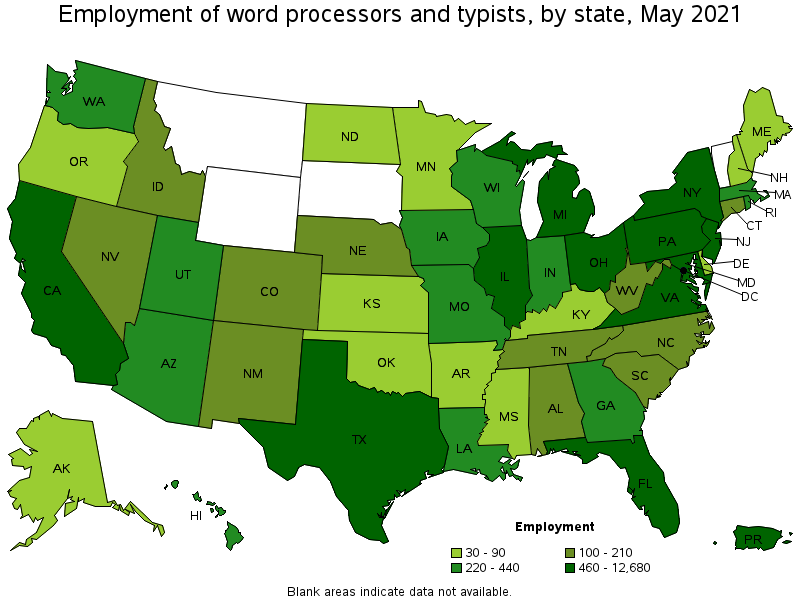 Map of employment of word processors and typists by state, May 2021