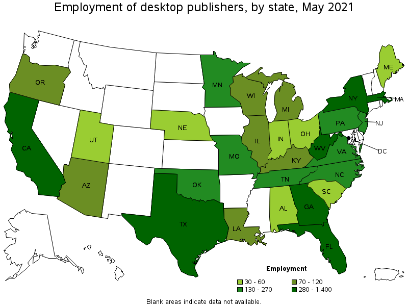 Map of employment of desktop publishers by state, May 2021