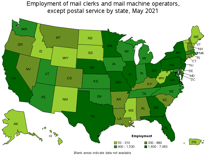 Map of employment of mail clerks and mail machine operators, except postal service by state, May 2021