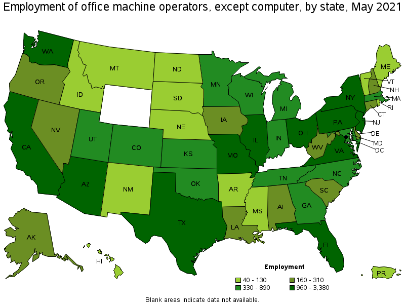 Map of employment of office machine operators, except computer by state, May 2021