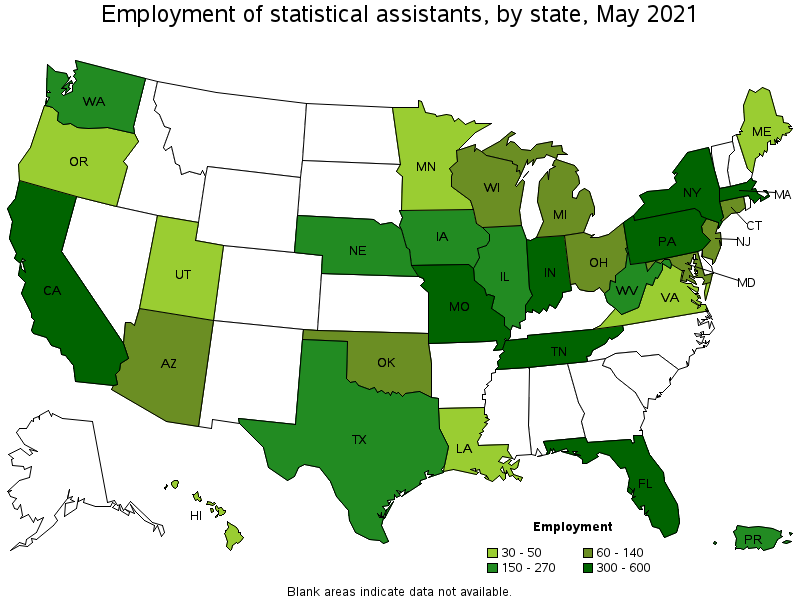 Map of employment of statistical assistants by state, May 2021