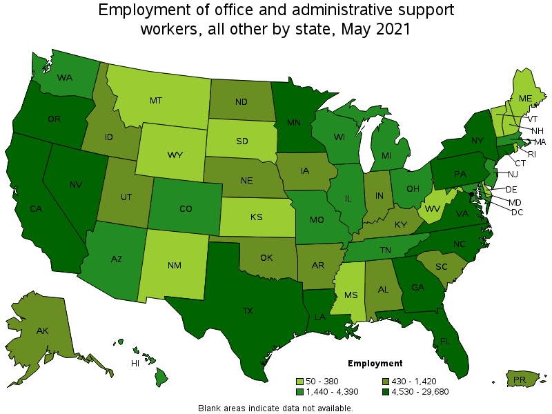 Map of employment of office and administrative support workers, all other by state, May 2021