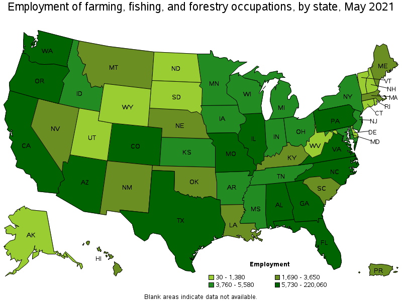 Map of employment of farming, fishing, and forestry occupations by state, May 2021
