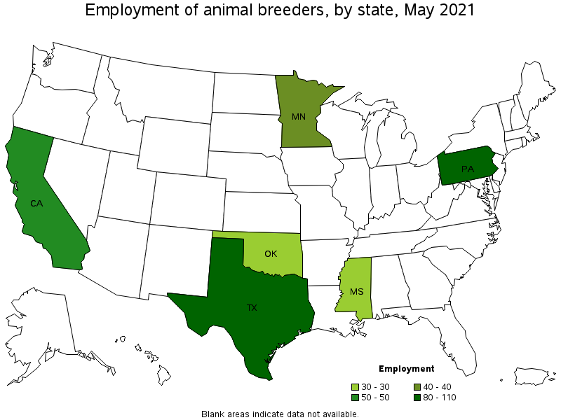 Map of employment of animal breeders by state, May 2021