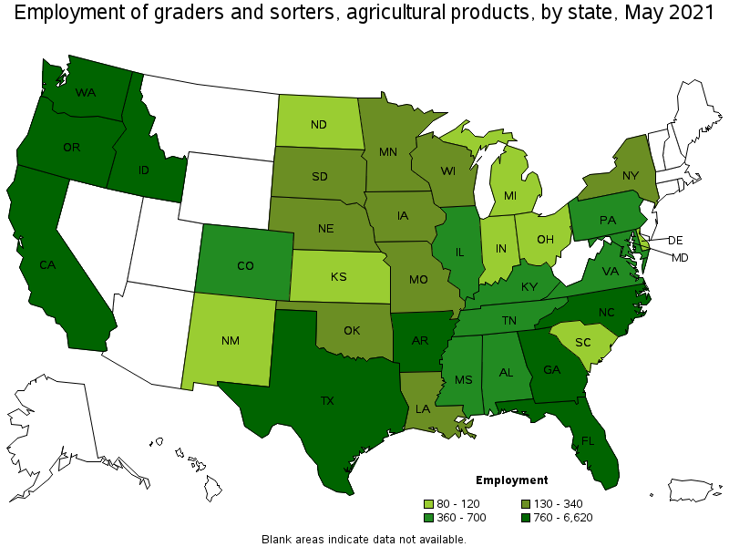 Map of employment of graders and sorters, agricultural products by state, May 2021