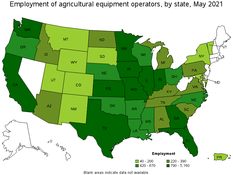 Map of employment of agricultural equipment operators by state, May 2021