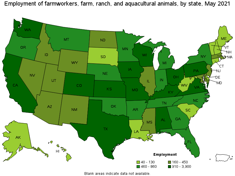 Map of employment of farmworkers, farm, ranch, and aquacultural animals by state, May 2021