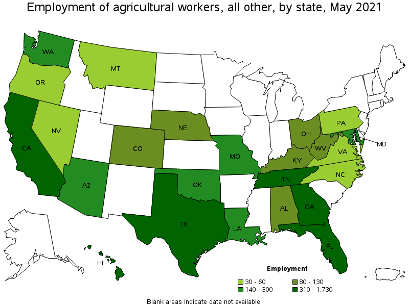 Map of employment of agricultural workers, all other by state, May 2021