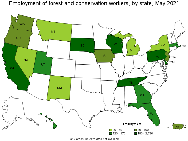 Map of employment of forest and conservation workers by state, May 2021