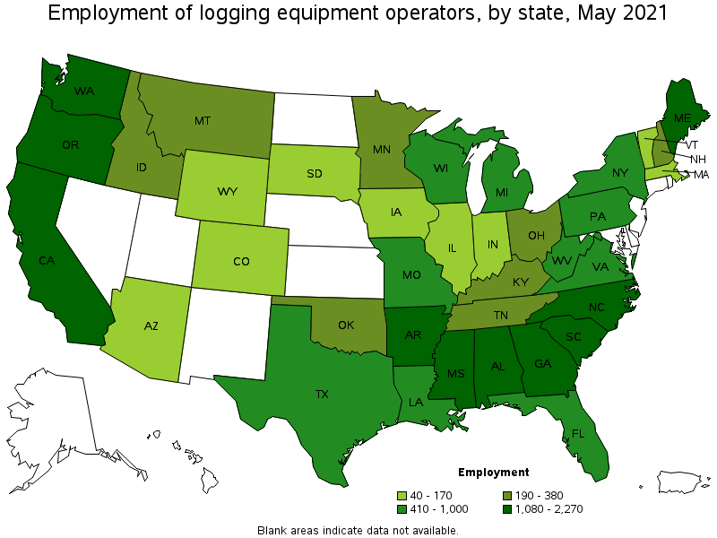Map of employment of logging equipment operators by state, May 2021
