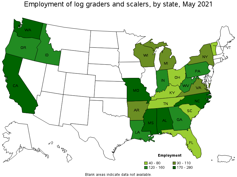 Map of employment of log graders and scalers by state, May 2021