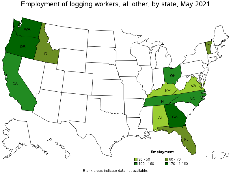 Map of employment of logging workers, all other by state, May 2021
